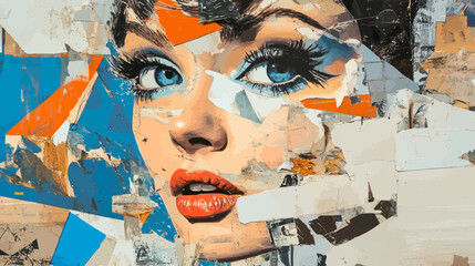 Vivid hues and striking shapes come together in a captivating composition to form a collage of a female face in abstract pop art style