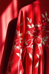 Red silk dress with embroidered floral motifs hanging on a hanger