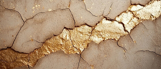 Cracked dry clay with gold shimmering particles filling the fissures, creating an abstract texture. Art prints, interior design ads, or decorative backgrounds