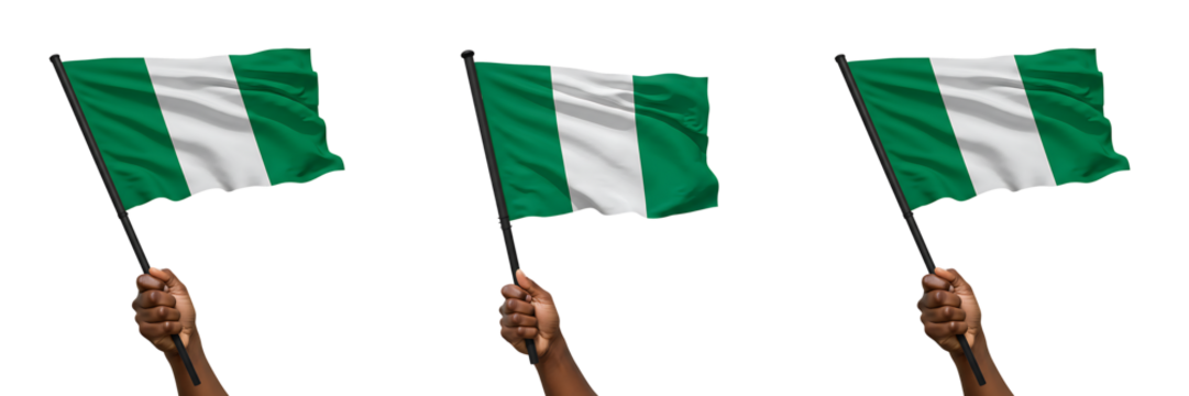 Nigeria Flag Waving in Hand On Isolated Transparent Background

