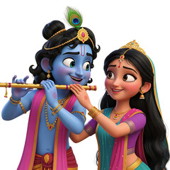 Animated Krishna and a young woman, likely Radha, playing music together in a joyful, animated scene.