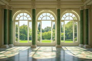 Fototapeta premium Grand hall with large windows in palace or castle, surrounded by lush greenery