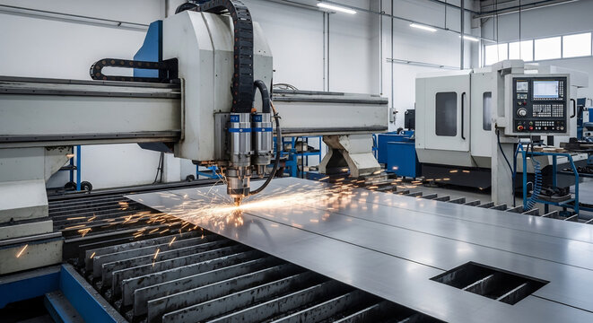 Industrial CNC Laser Cutting Machine in Action at Modern Factory

