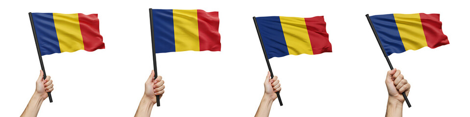 Obraz premium Hand Holding Romania Flag Set On Isolated Transparent Background