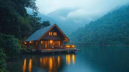 Fototapeta premium Wooden cabin on lake, misty mountains