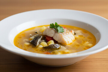 A modern minimalist food photo of Halászlé on a white plate, set against a wooden dining table and kitchen backdrop.