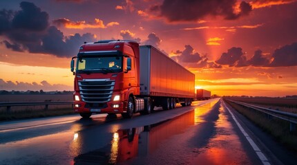 red semi-truck at sunset