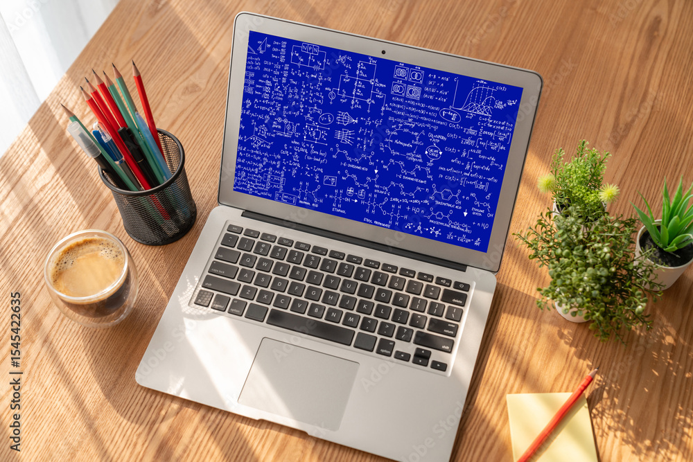 Poster mathematic equations and modish formula on computer screen showing concept of science and education