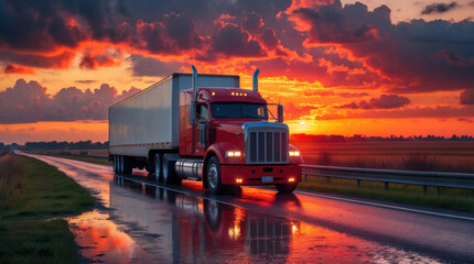 red semi-truck at sunset