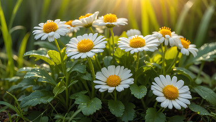 Obraz premium Close-up of white daisies blooming in a lush green garden bathed in sunlight