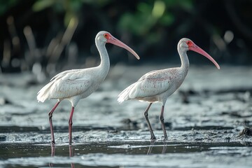 Ibis birds stalking prey in mudflats, clean photography, high detailed