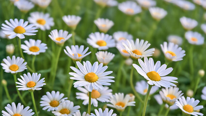 Fototapeta premium Close-up of numerous white daisies blooming in a lush green field