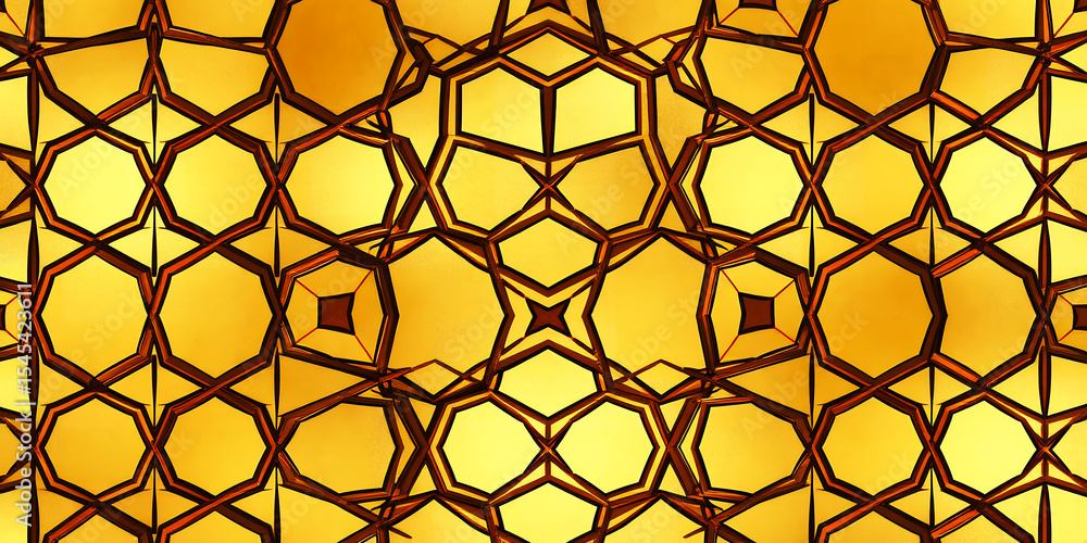 Poster a golden geometric pattern with interlocking shapes and dark brown outlines creating a design