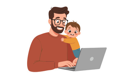 Vector illustration of a father working on a laptop while a toddler climbs onto his lap