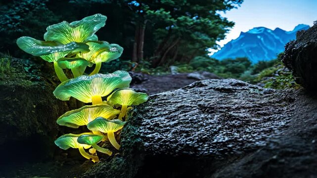 Bioluminescent Panellus Stipticus Mushrooms by a Mountain Trail Close-up
