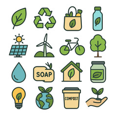 Eco-friendly icons set with leaf, recycling, bike, compost and more