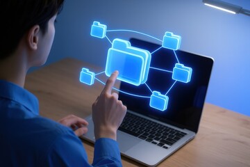 Digital Files in Action: A person interacting with a glowing digital file system on a laptop, illustrating the concepts of data management and connectivity.