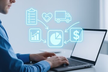 Logistics Automation: A focused professional engages with a laptop, seamlessly integrated with digital icons that depict crucial processes like delivery, finance, and more.