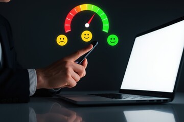 Digital Feedback and Satisfaction: A person interacting with a laptop, surrounded by a gauge representing different levels of satisfaction. It's a visual representation of feedback, user experience.