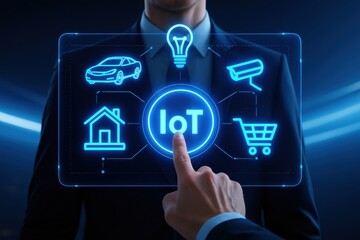 IoT Technology Innovation: A businessman interacts with a futuristic interface showcasing the interconnected world of the Internet of Things (IoT), highlighting smart home, smart car, security.