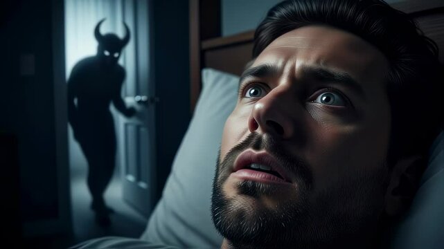 Man experiences a night terror dream, seeing an evil monster demon shadow appear in his bedroom doorway, footage.