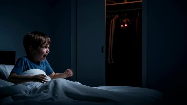Scared young boy in bed sees monster with glowing eyes in an open closet, overcoming his nightmare footage.