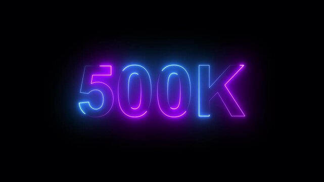 Glowing neon animation celebrating 500k subscribers or followers in blue and magenta colors.
