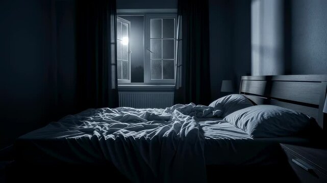 Dark bedroom with open window showing bright moonlight outside at night, a scene of a bad dream or sleep paralysis footage.