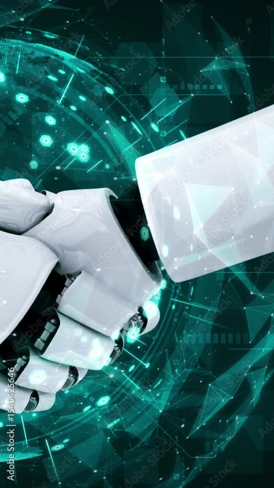 Poster 3d rendering hominoid robot handshake to collaborate future technology development by ai thinking br