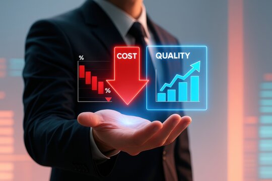 Cost Reduction and Quality Enhancement: A visionary businessperson holds a dynamic visual representation of cost reduction and quality improvement, demonstrating the potential for growth.