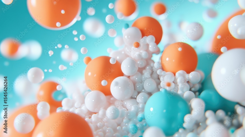 Poster abstract image of colorful spheres with varying sizes in midair
