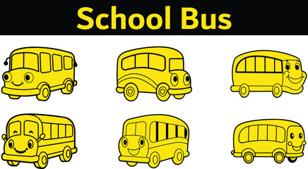 6 Cute yellow school bus on the road cartoon vector illustration on transparent background, Back to school concept