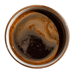 Top view of a cup of coffee isolated on a white cutout background. 