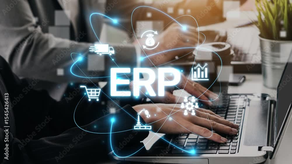 Poster erp platform visual showing centralized system for enterprise resource planning, improving integrati