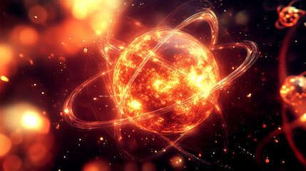 Obraz premium Fiery atomic energy concept with glowing particles and dynamic swirls
