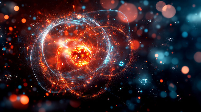 Fiery atomic energy concept with glowing particles and dynamic swirls