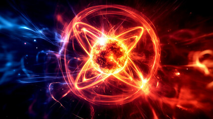 Fototapeta premium Fiery atomic energy concept with glowing particles and dynamic swirls