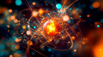 Fiery atomic energy concept with glowing particles and dynamic swirls