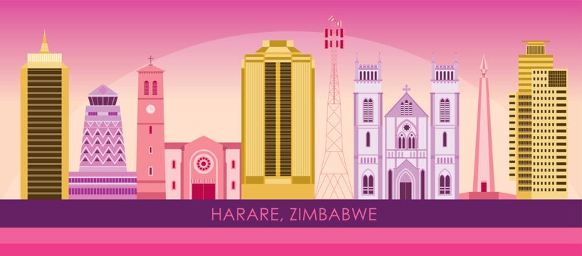 Sunset Skyline panorama of city of Harare, Zimbabwe - vector illustration
