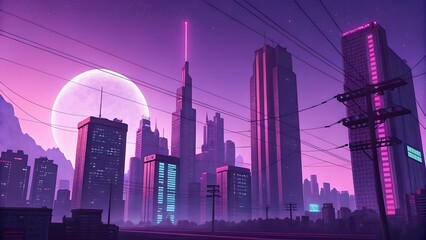 "Neo-futuristic city under a dual-moon sky, buildings made of light, glowing pink rivers, and flying drones scanning the streets."

