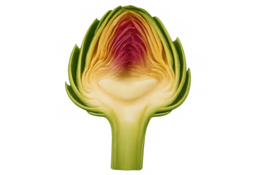 Cross section of an artichoke revealing its vibrant colors and intricate layers, isolated on a transparent background