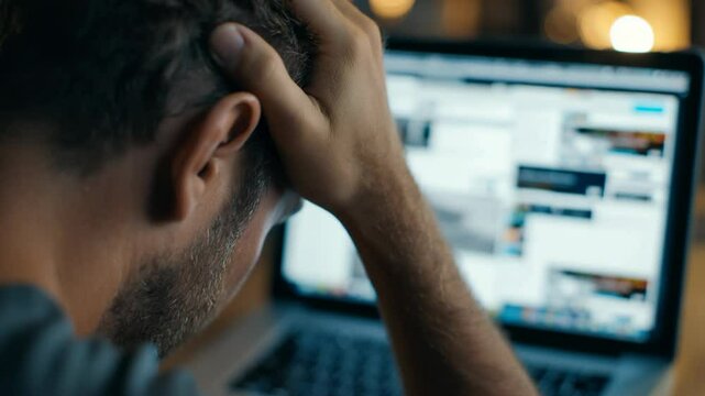 serious stressful businessman holding his head looking at laptop screen 