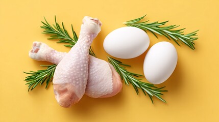 Raw chicken drumsticks and eggs with rosemary on a yellow background