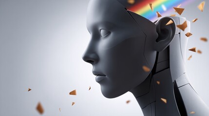 Conceptual Illustration of a Robot's Head with Fragments and Rainbow
