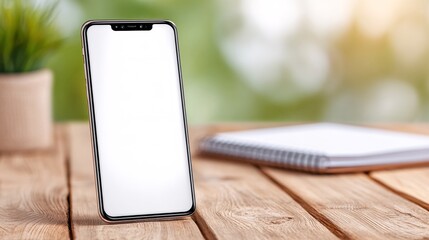 Smartphone with Blank Screen on Wooden Table with Plants and Notebook