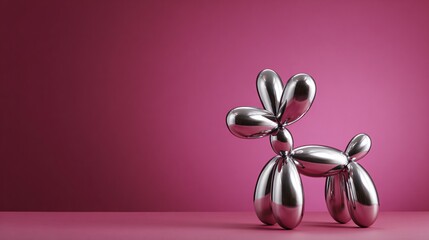 Shiny metallic balloon dog sculpture against a vibrant pink background