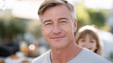 Smiling adult man with a child in a summer outdoor setting