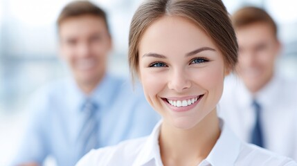 Smiling woman in professional setting with colleagues