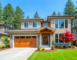 A cozy beige house and a garden on a sunny day.