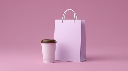 Stylish Pink Coffee Cup and Bag on Pink Background